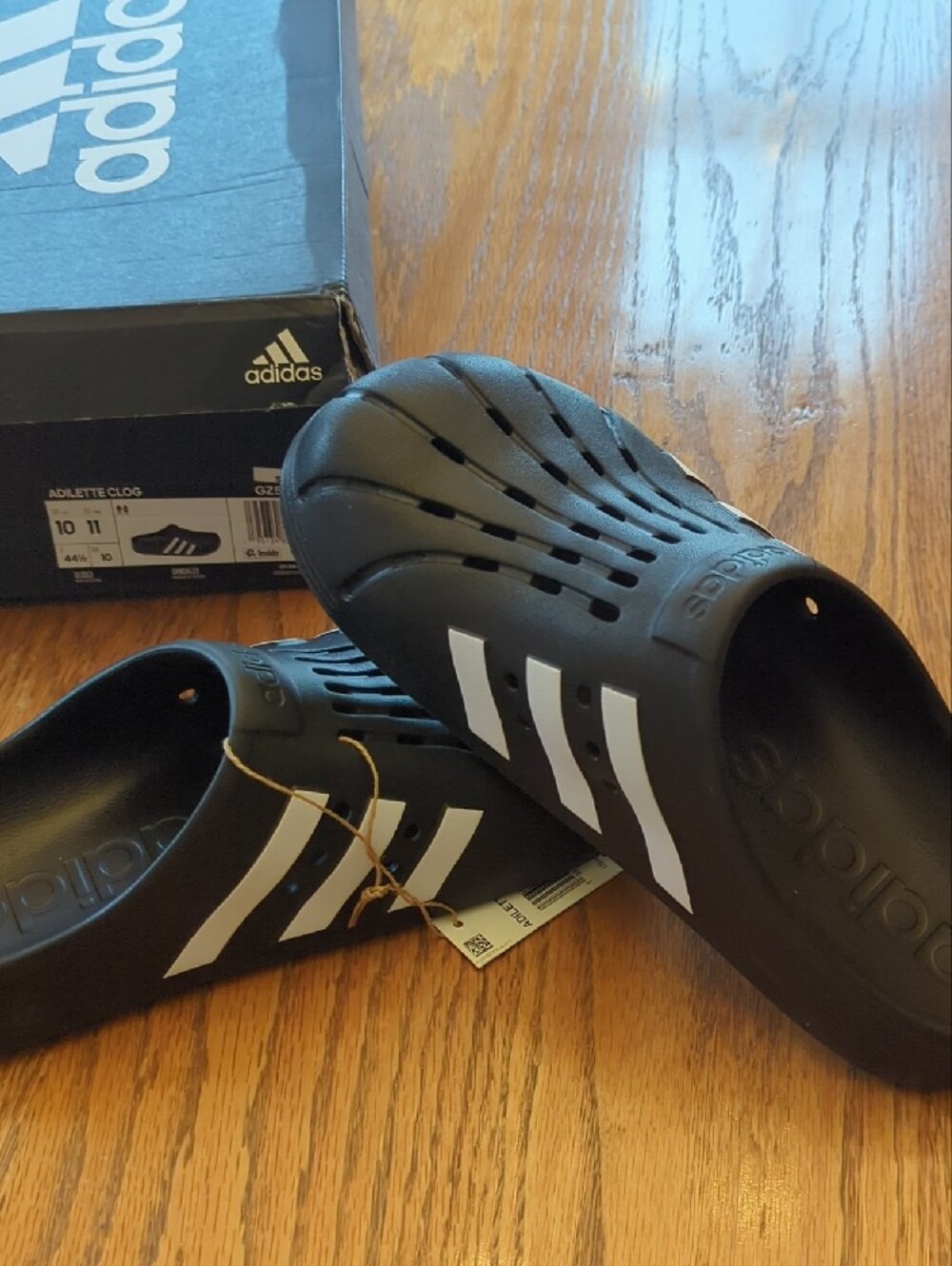 adidas Black Adilette Clog Slip-On Sandals with White Stripes - Picture 7 of 8